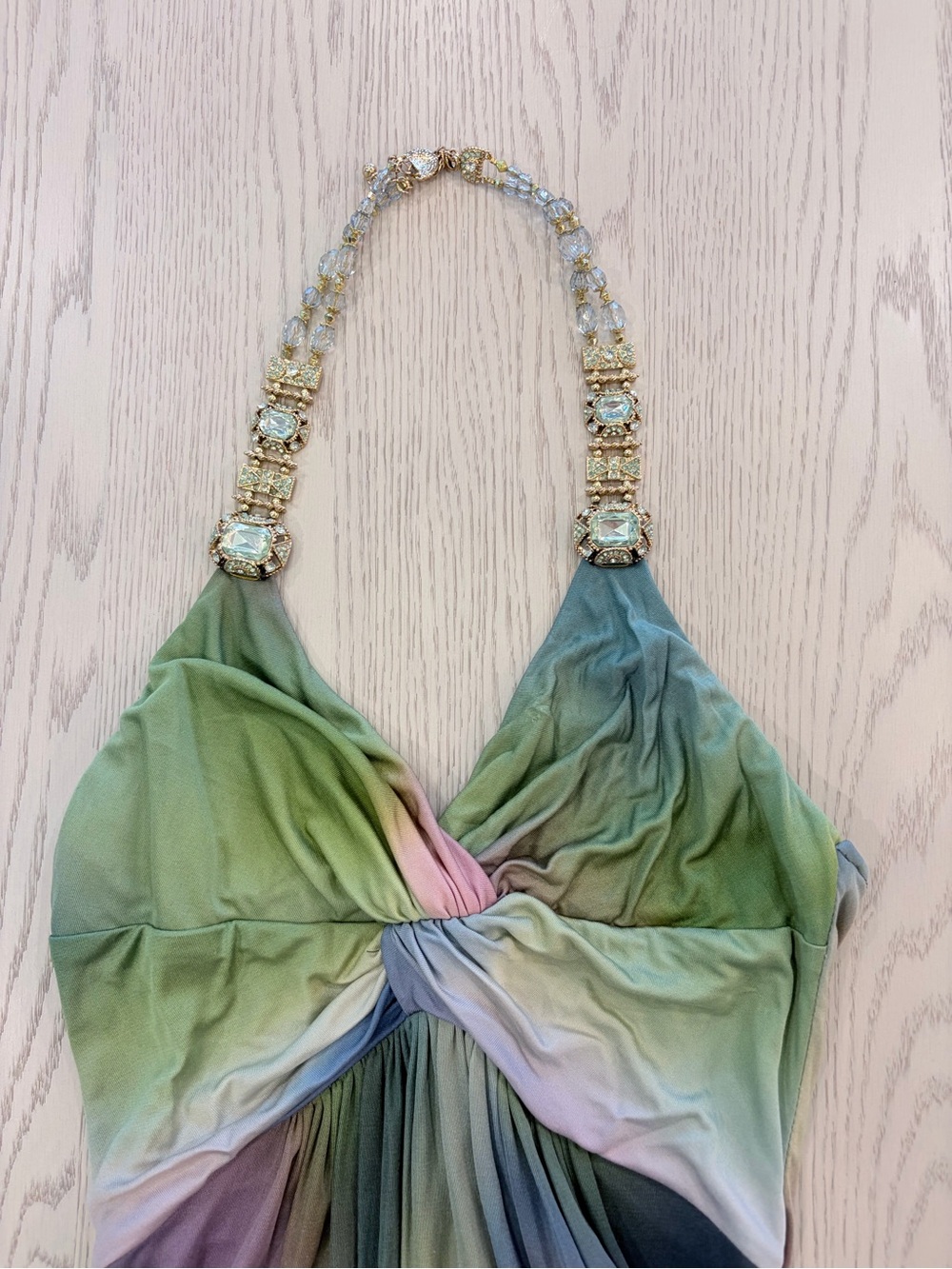 SKY Jeweled Halter Mini Dress Pastel Watercolor Twist Front Size Small - Picture 4 of 6